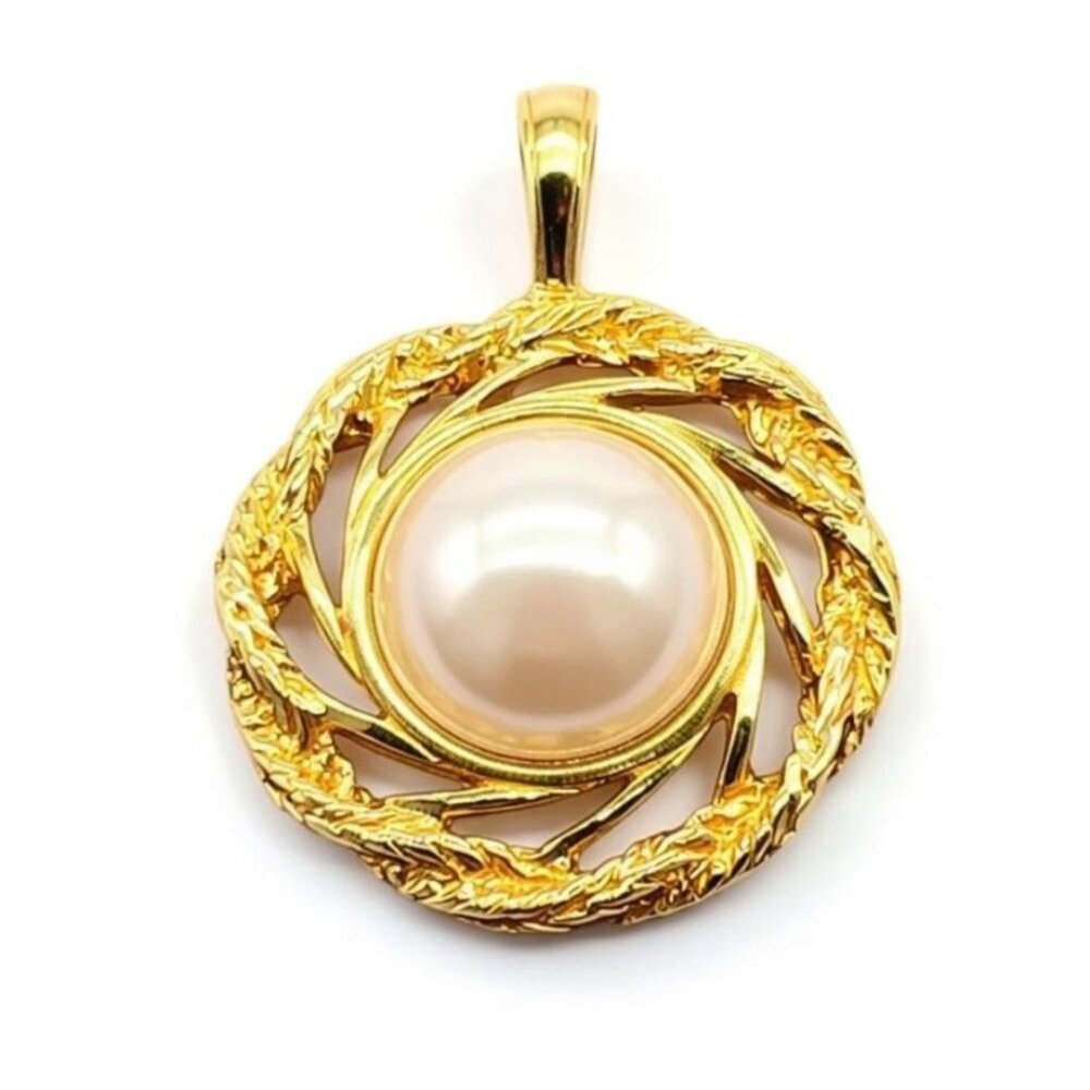 Monet Gold-Tone Pendant With Faux Pearl Center Twisted Circle Design 1 Inch Diam